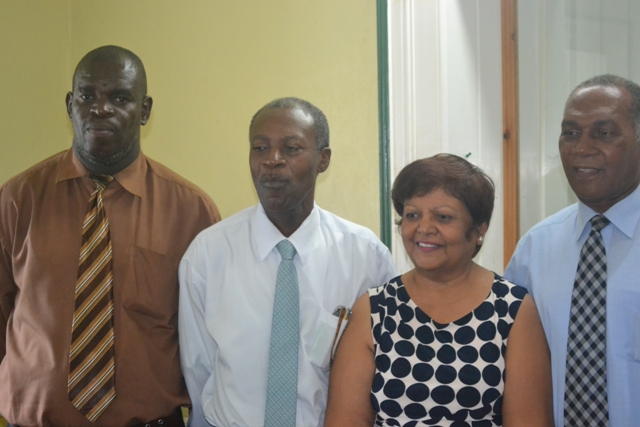 (l-r) TVET Coordinator on Nevis, Mr. Orette Smith, Former Chairperson St. Kitts and Nevis TVET Council, Mr. Clyde Christopher, European Union Consultant Dr. Lucy Steward with Premier of Nevis and Minister of Education Hon. Vance Amory following a meeting at the Nevis Island Administration’s conference at Bath Plain on November 27, 2015